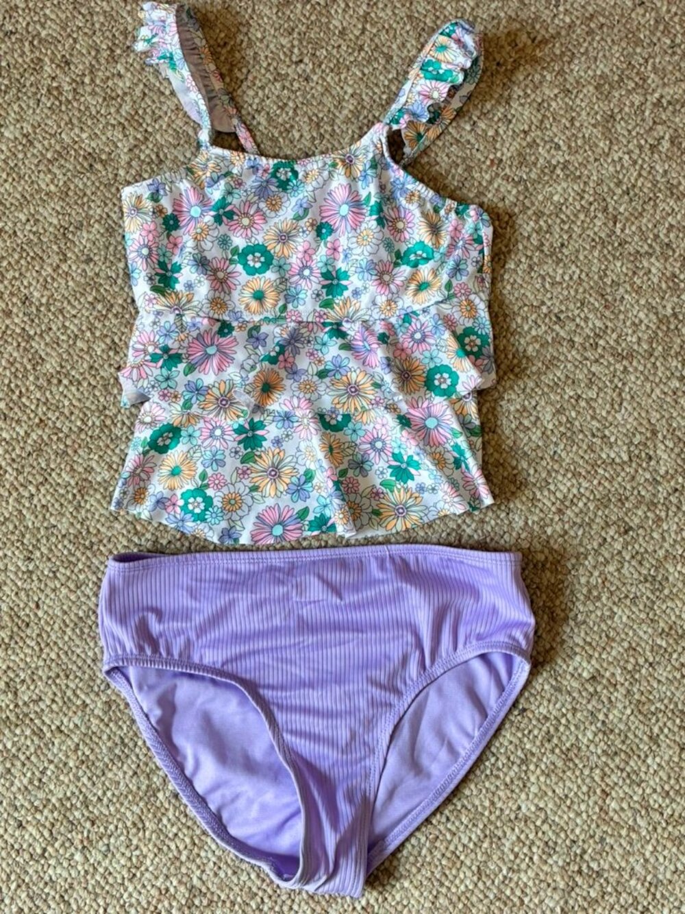Wonder Nation Purple Floral Girls Swim Suit Set L 10 11 12 Layered Tank 2 pieces